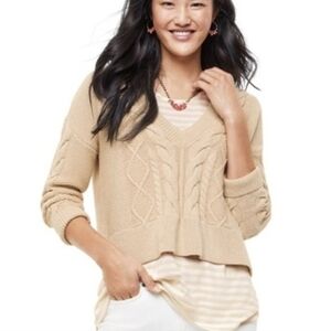 CABI New Cream Cable Knit V-Neck Pullover Sweater SZ Large Preppy Academia Boho